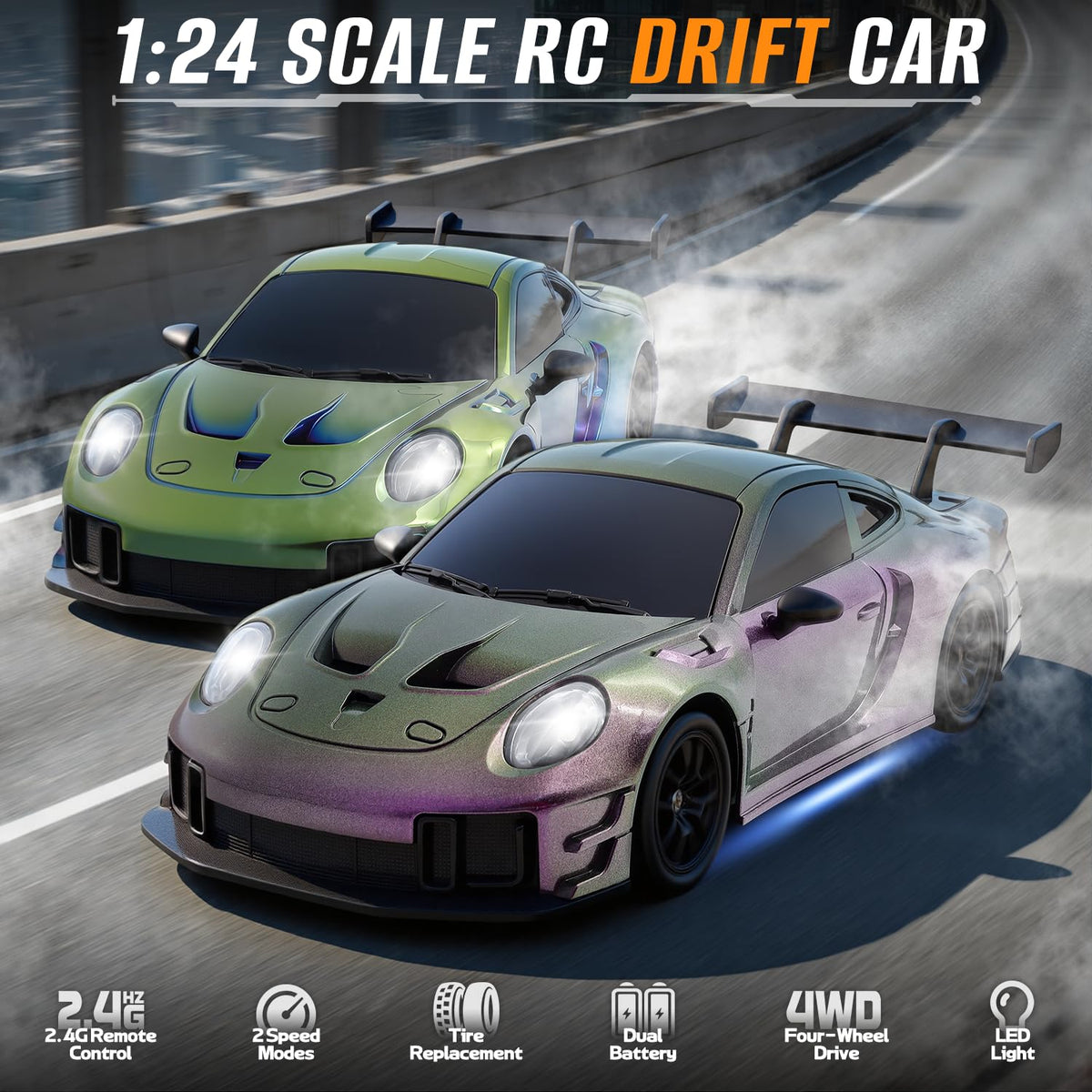 Aka Supaku RC Drift Car with racing tires suited for outdoor traction.