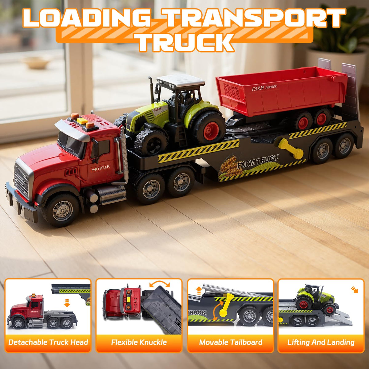 Aka Supaku tractor loaded on the flatbed supports farm-themed storytelling.