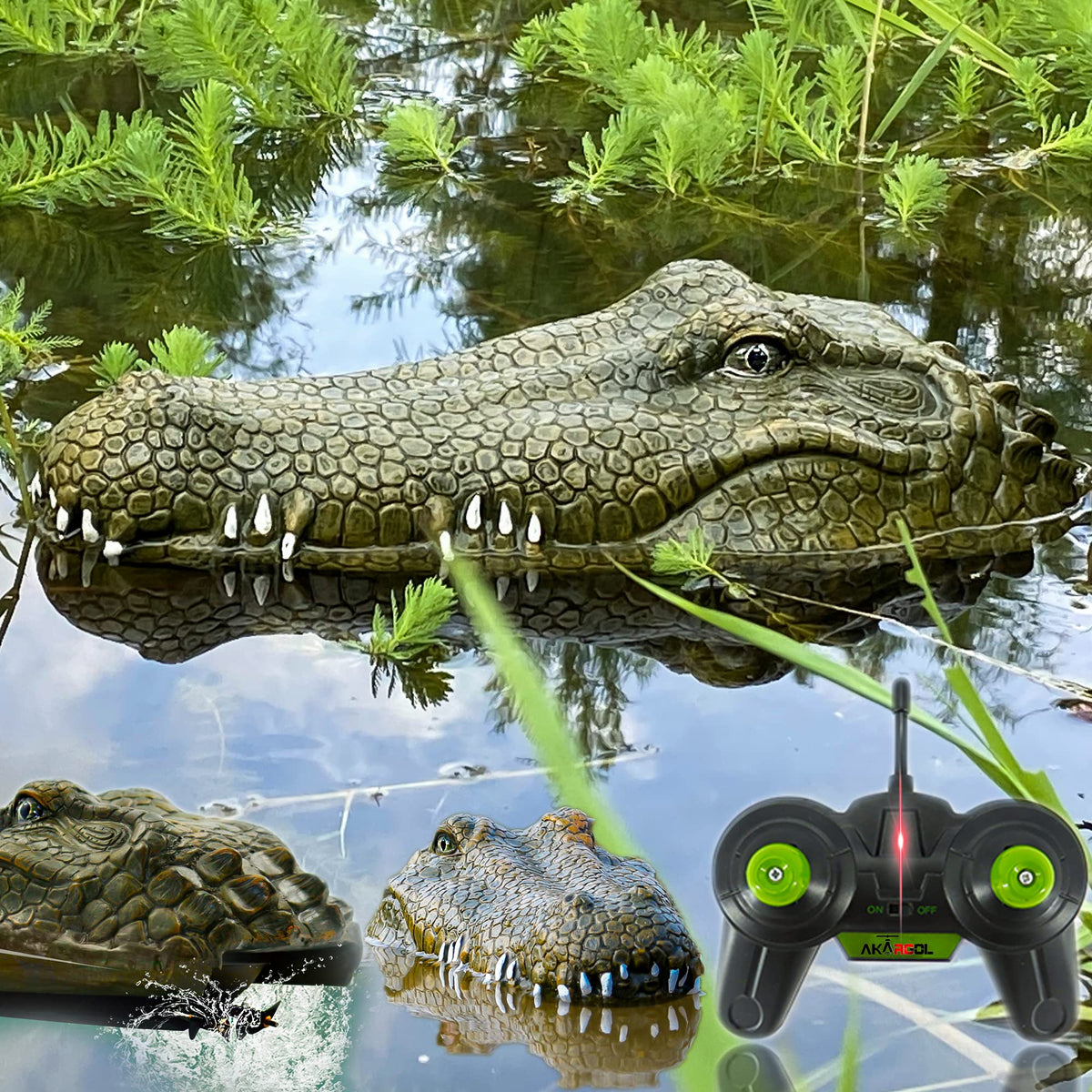 Akargol RC alligator head on water for lake or pool fun.