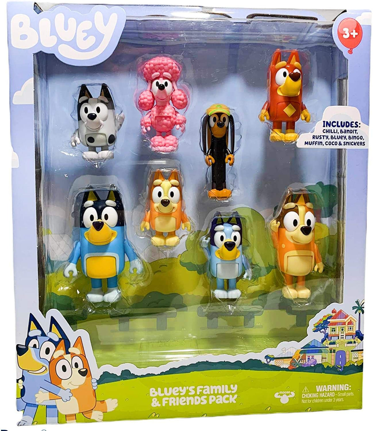 Akedo Bluey figure 8-pack poseable set supports dynamic action poses.