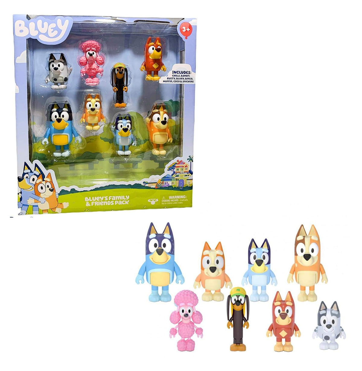 Akedo Bluey family figure 8-pack with Rusty and Muffin encourages cooperative play.