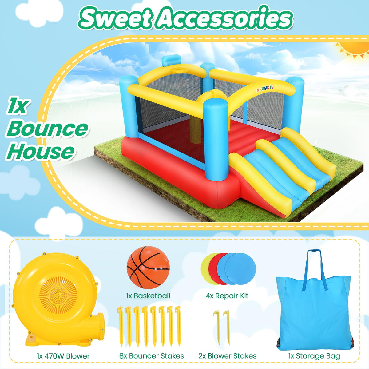 AKEYDIY bounce house complete accessories include blower, stakes, patches, and bag.