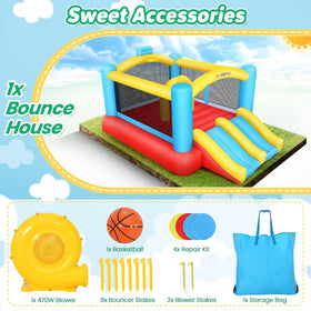 AKEYDIY bounce house complete accessories include blower, stakes, patches, and bag.