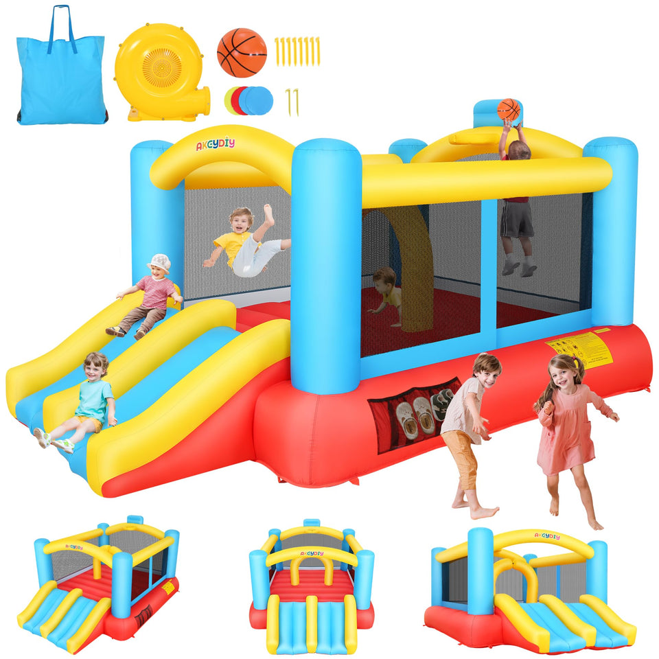 AKEYDIY bounce house front view with two slides for outdoor play.