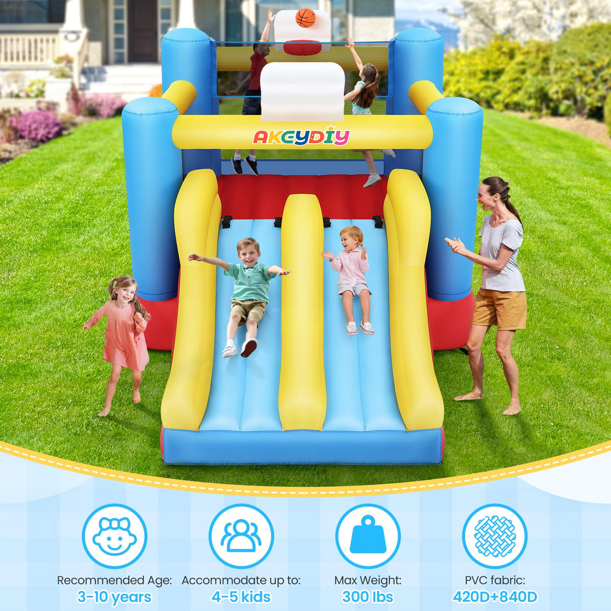 AKEYDIY inflatable with ground stakes ensures stable placement.