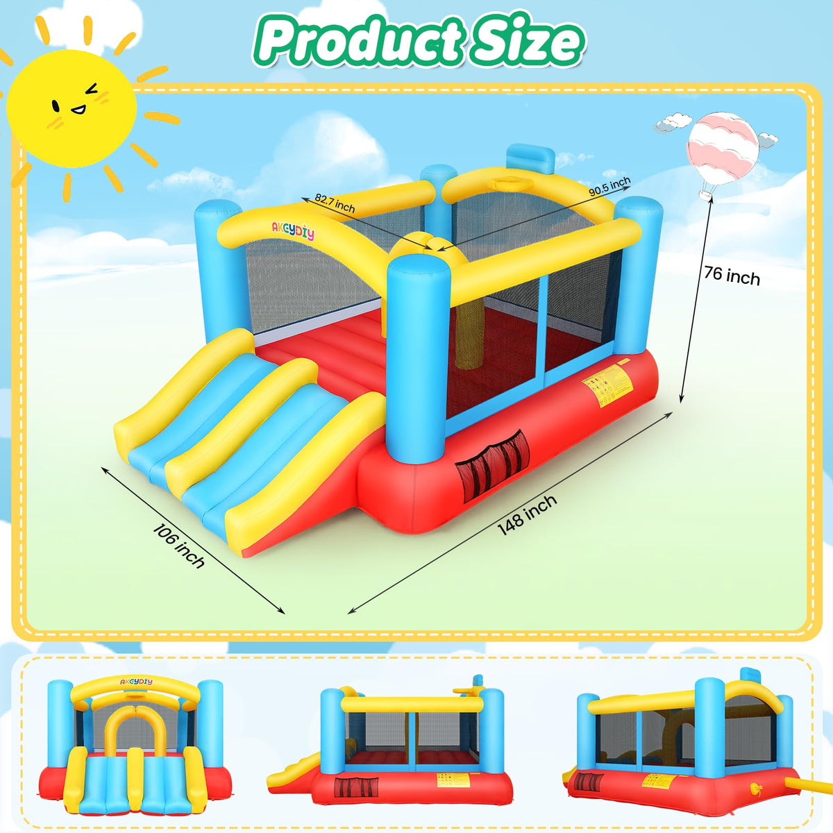 AKEYDIY bounce house quick setup with inflation and ground anchoring for secure use.
