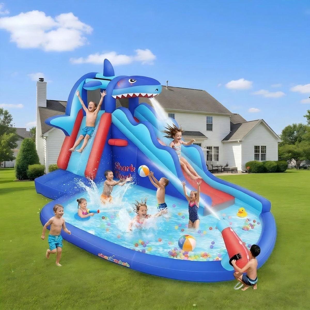 AKEYDIY shark slide backyard setup ready for summer fun