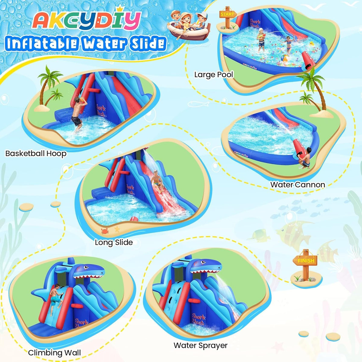 AKEYDIY shark slide splash pool provides a cooling water break