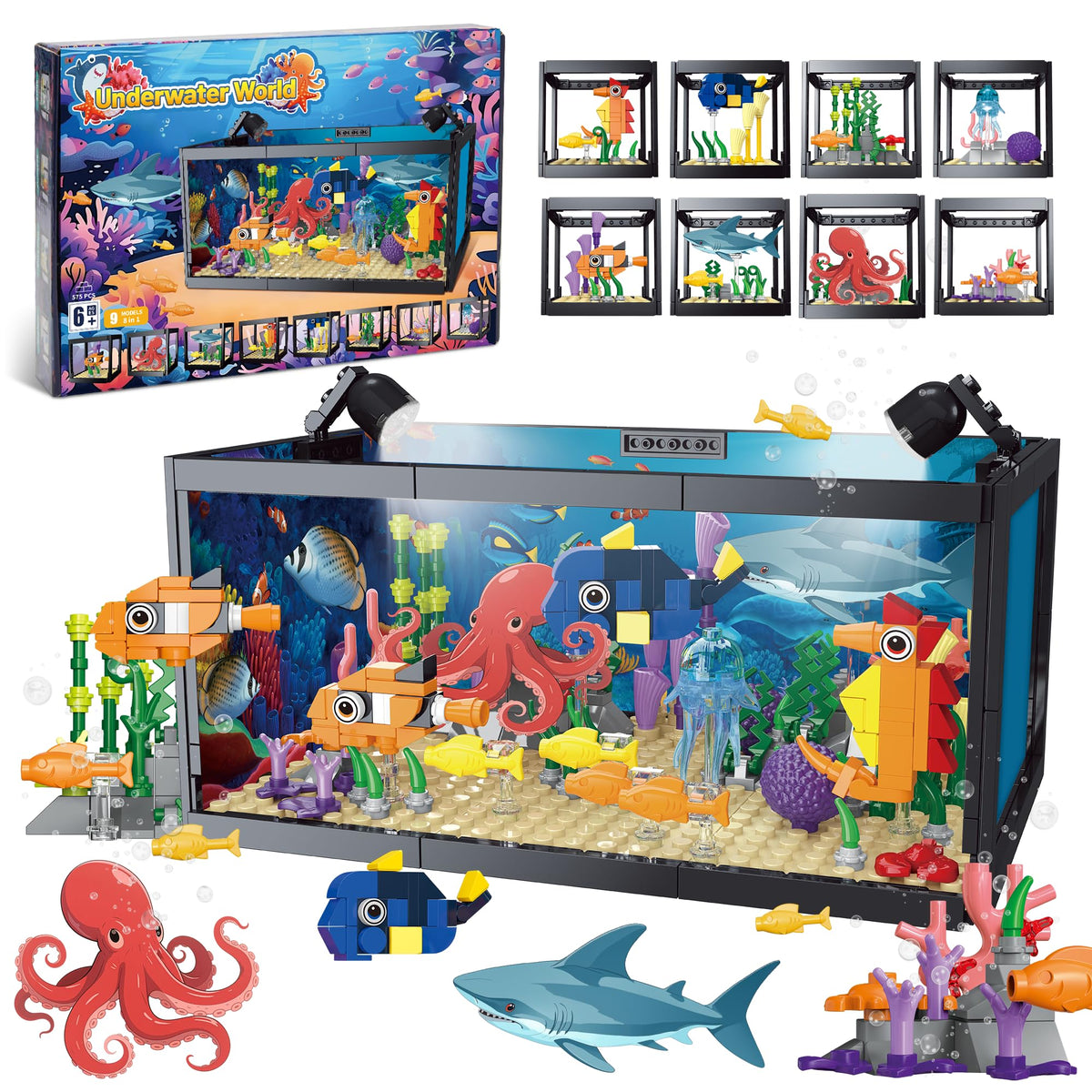 AKWME 8-in-1 fish-tank building set packaging, ready for gifting and display.