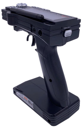 Alaohu FS-GT3B transmitter side view highlighting ergonomic grip and LCD