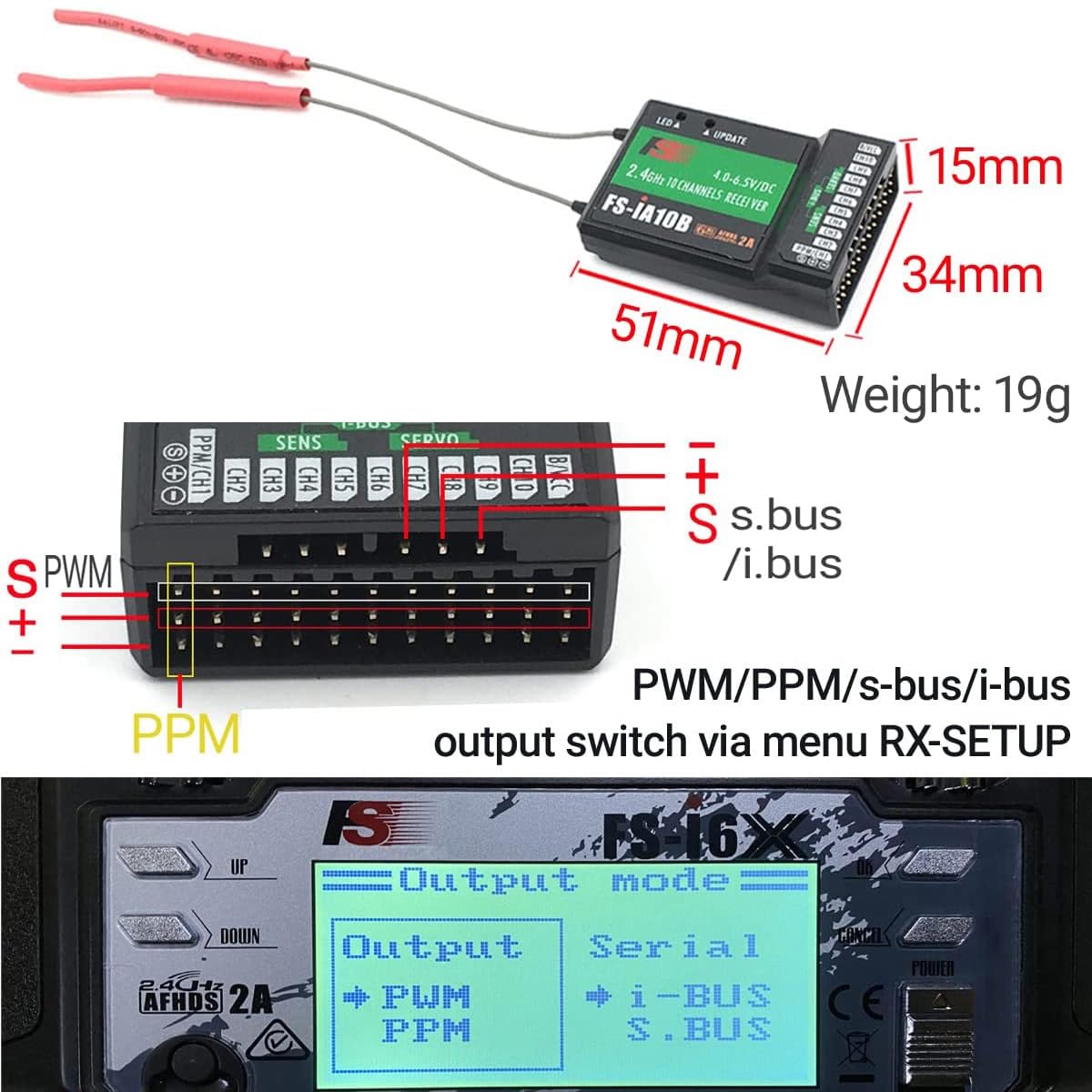 Alaohu FS-i6X compatibility with FS-iA10B receivers for versatile RC setups.