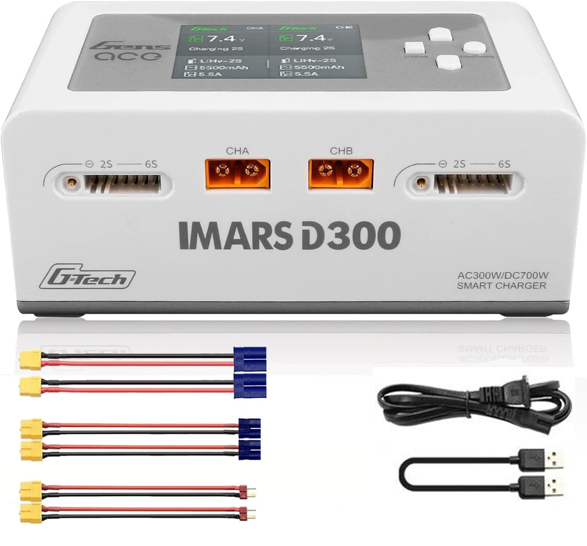 Alaohu Gens Ace IMARS D300 charger front view for dual-channel fast charging.