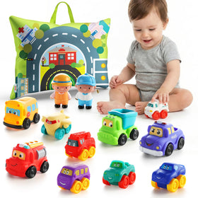ALASOU 12-piece soft rubber car toys with playmat for imaginative toddler play.
