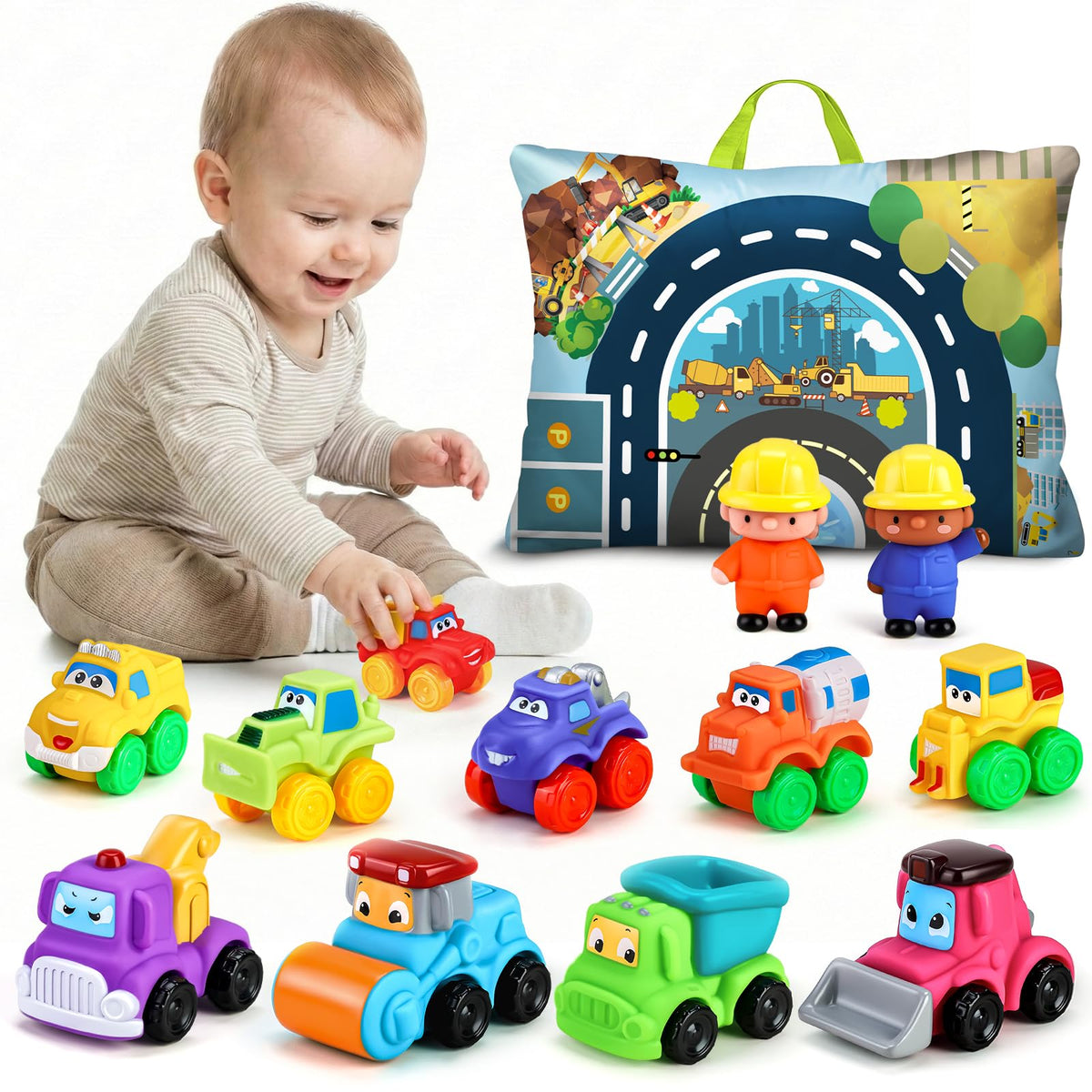 ALASOU 12-piece soft rubber car toys with colorful vehicles for imaginative play