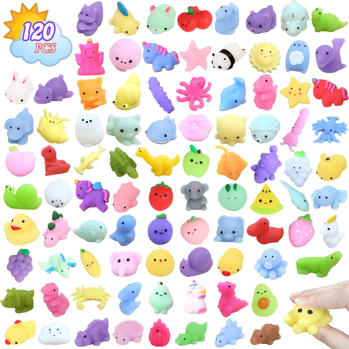 Albiuev 120pcs mochi squishy bulk pack for party favors and classroom prizes.