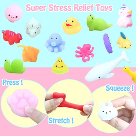 Albiuev kawaii dinosaurs, sea animals, and fruits mochi squishies for color learning.