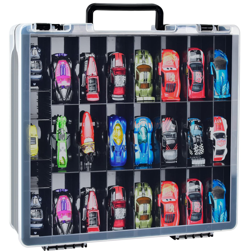 ALCYON double-sided toy storage front view showing organized display for easy toy selection.