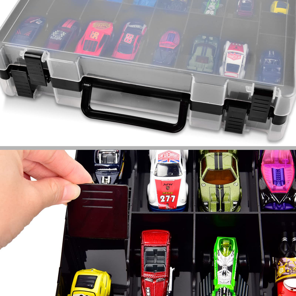 ALCYON toy storage case open reveals 24 compartments per side.