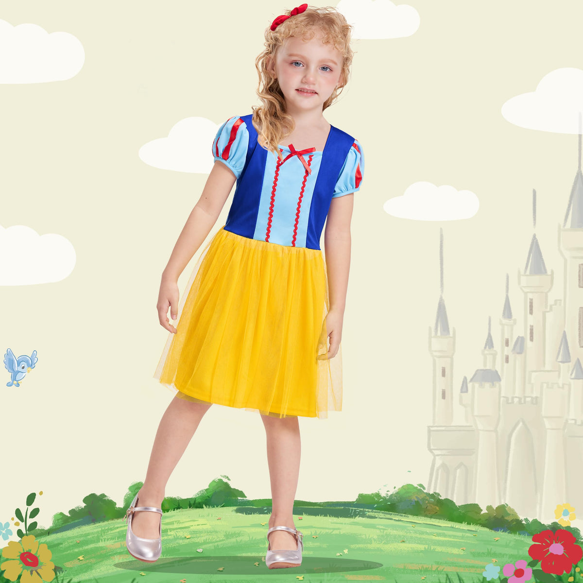 AlecosFun flower hair barrette complements the blue dress, adding secure sparkle for princess moments.
