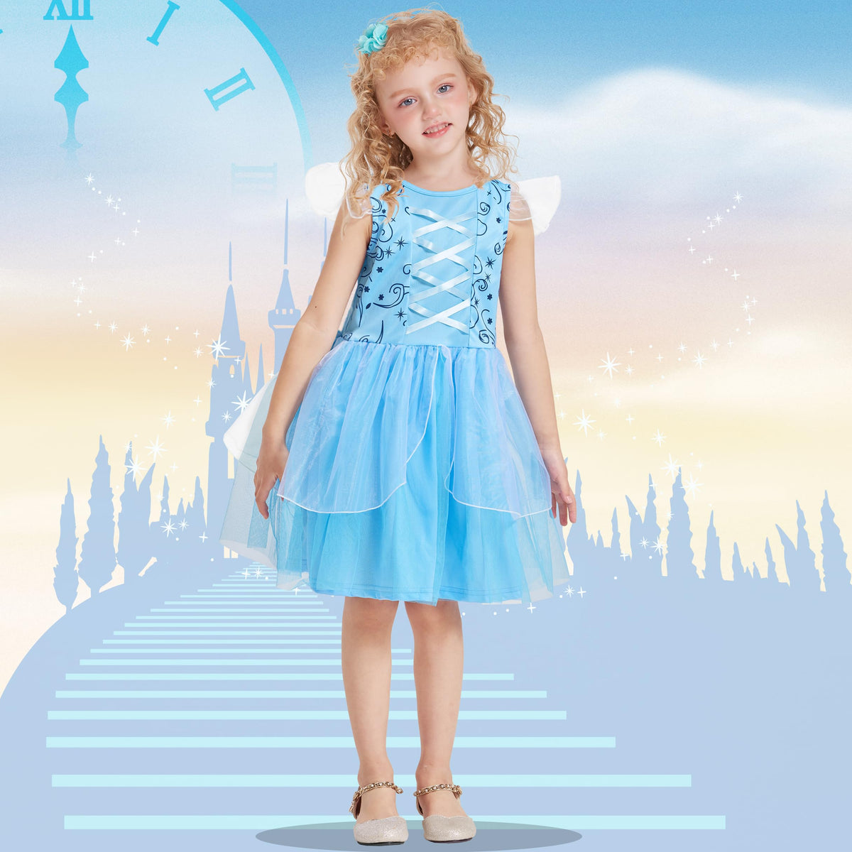 AlecosFun rich blue and yellow dress with tulle creates a lively outfit for birthday parties.