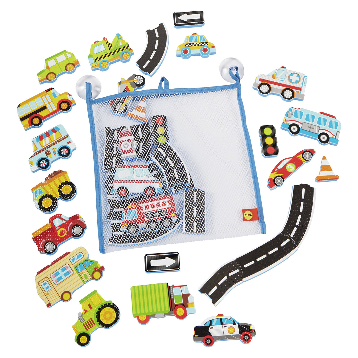 ALEX Toys Bath Beep Beep offers a hanging bag for easy drying and storage.