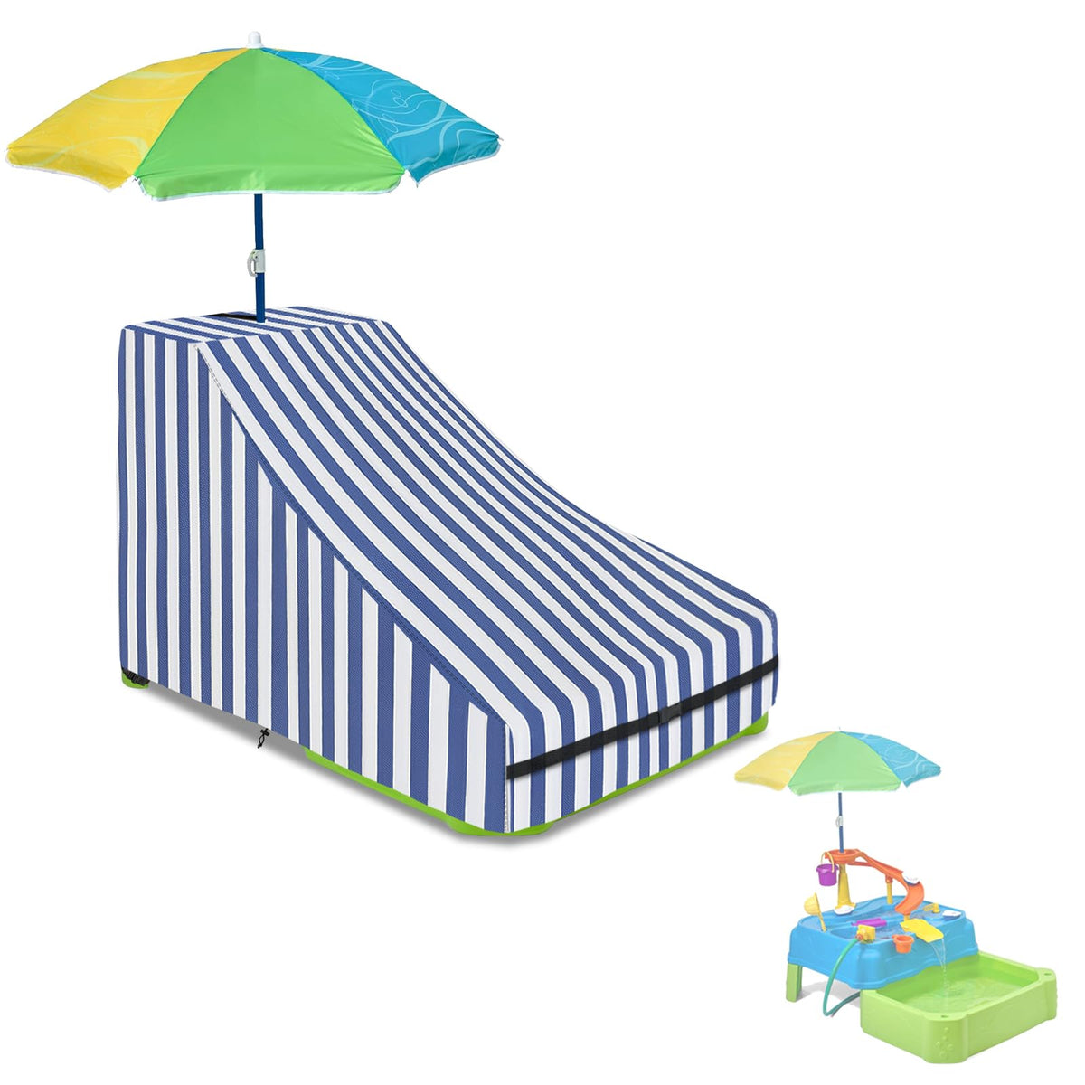 Alickwang water table cover, side view, shields a two-tier table from rain and dust.