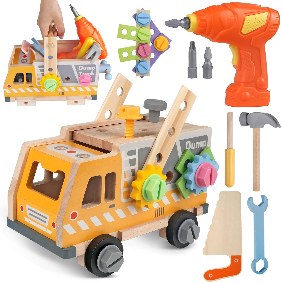 Aliex 38Pcs Kids Wooden Truck Tool Set contents, colorful components spark imaginative construction play.