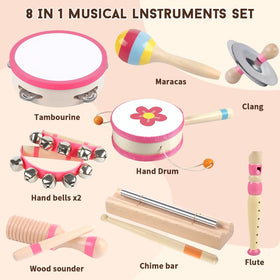 Aliex pink wooden drum set for toddler action and motor skill building