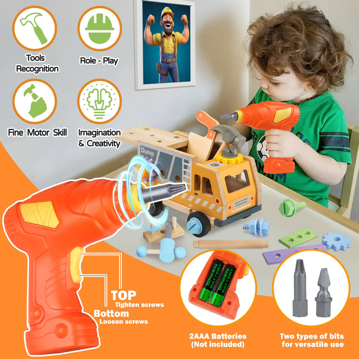 Aliex toy drill with bits, safe gentle-action drill fuels pretend engineering adventures.