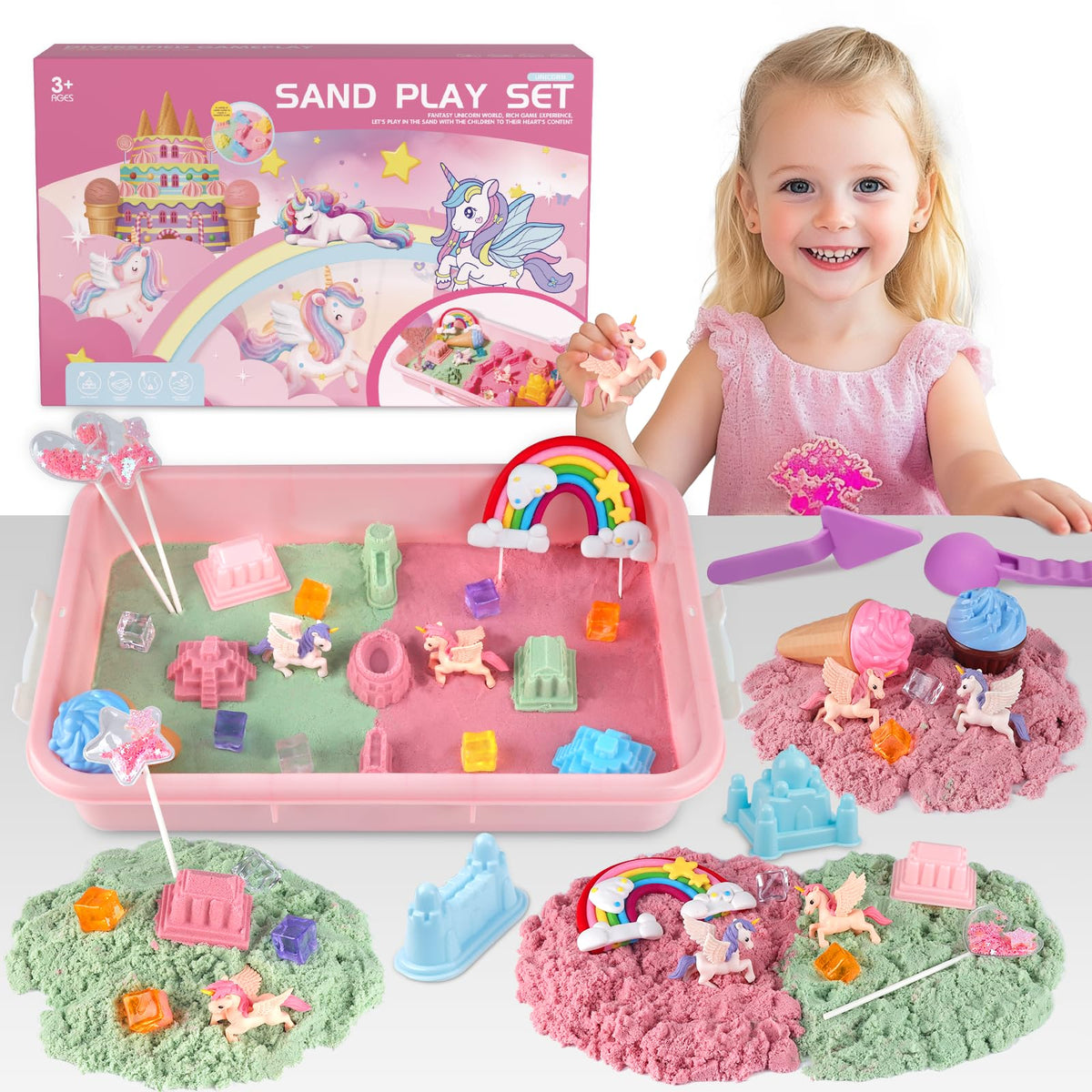 Aliex Unicorn Sensory Sand Bin front view for imaginative play sessions