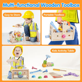 Aliex wooden kids tool set mini workbench doubles as a learning station.