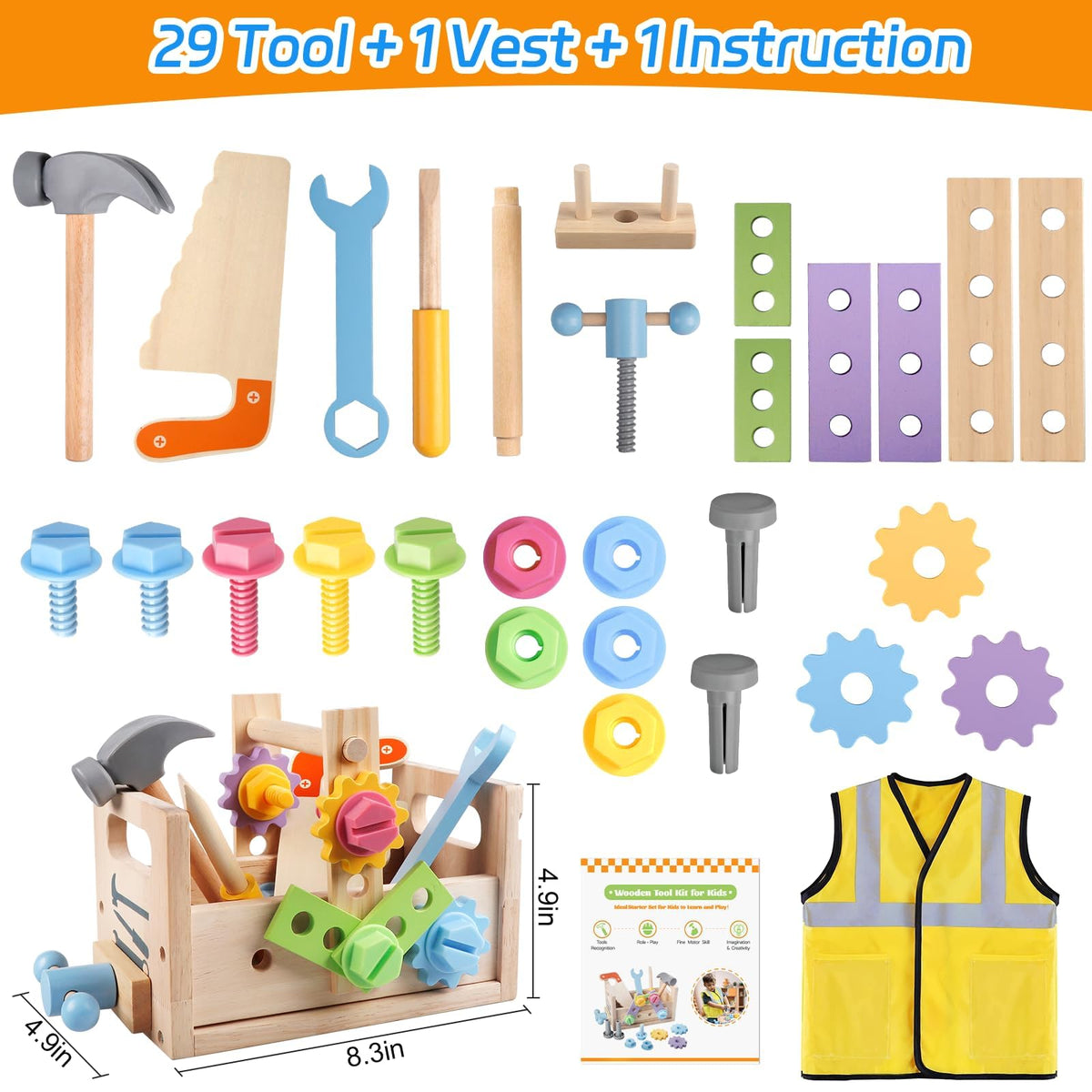 Aliex wooden kids tool set storage box keeps tools organized for tidy play.