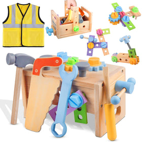 Aliex wooden kids tool set vest shows a portable carry box for on-the-go play.