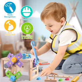 Aliex wooden kids tool set wrench supports problem-solving through play construction tasks.