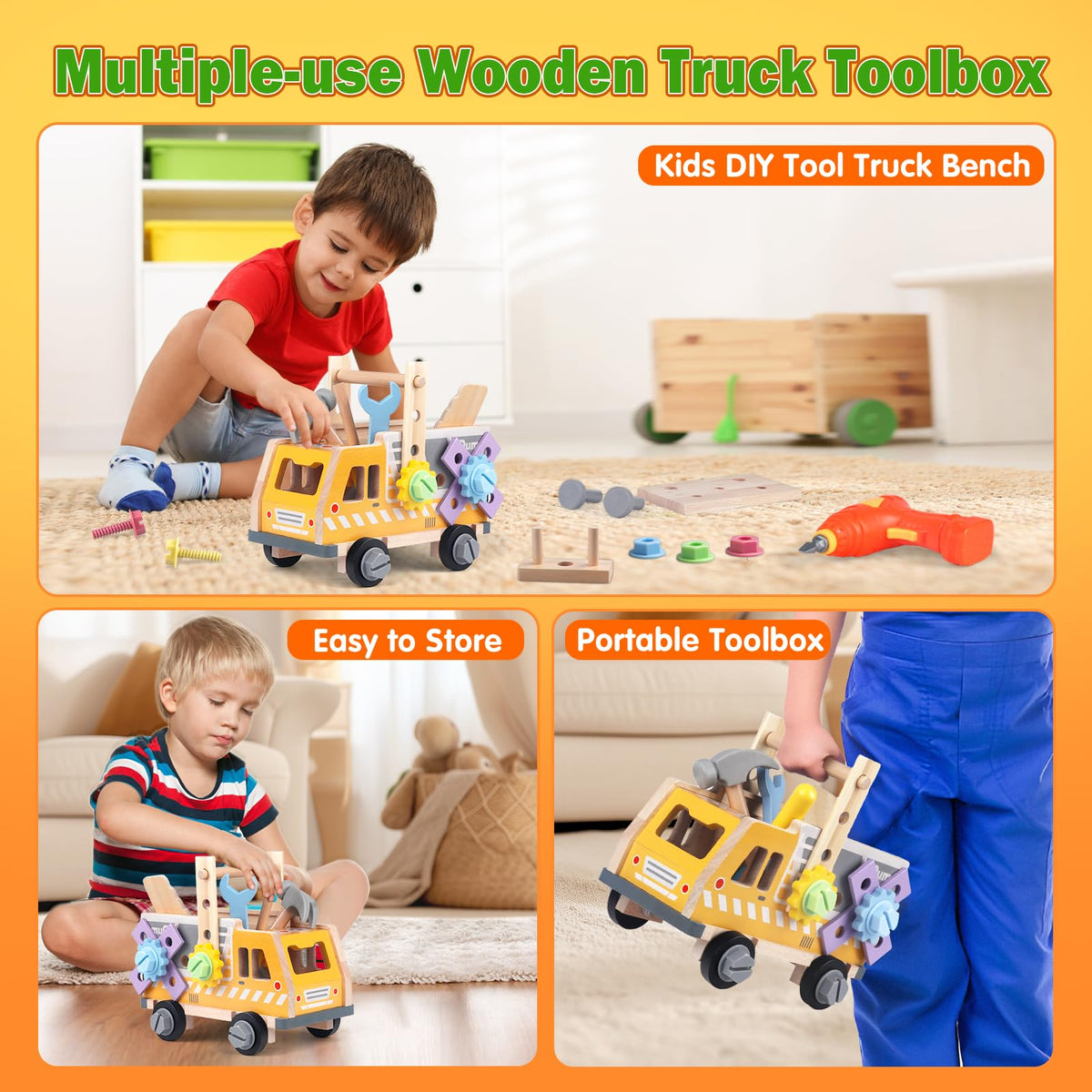 Aliex wooden saw and hammer, smooth tools for early motor skills and role play.