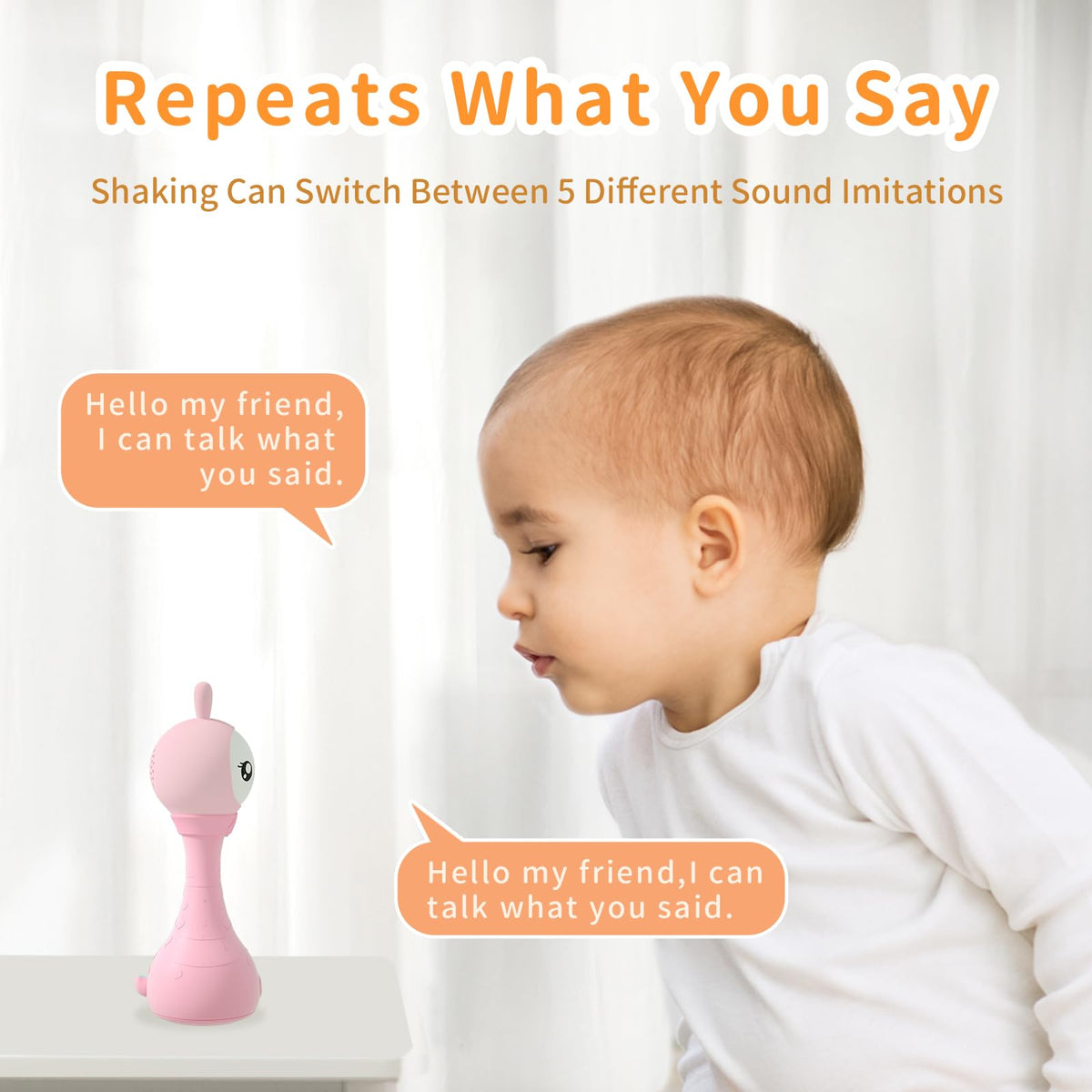 Voice mimic feature repeats your words in five tones for engagement.
