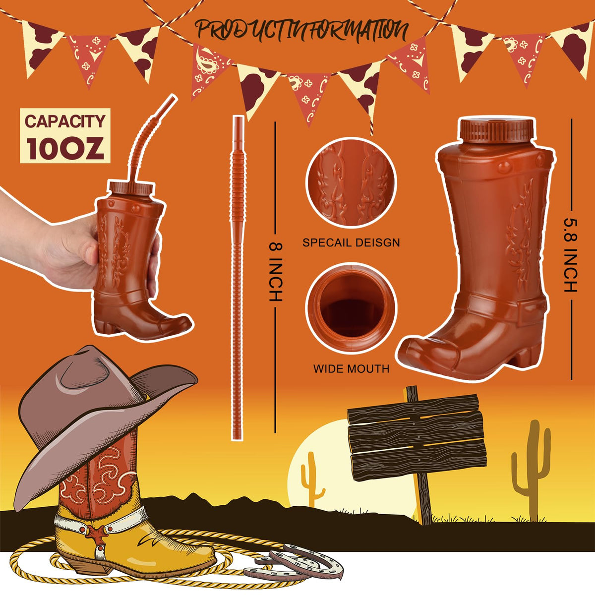 ALINK Cowboy Boot Cups wide shot in brown showcasing festive party setup