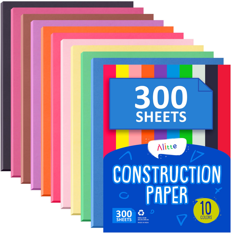 Alitte construction paper assorted colors, 300 sheets, ideal for classroom crafts.