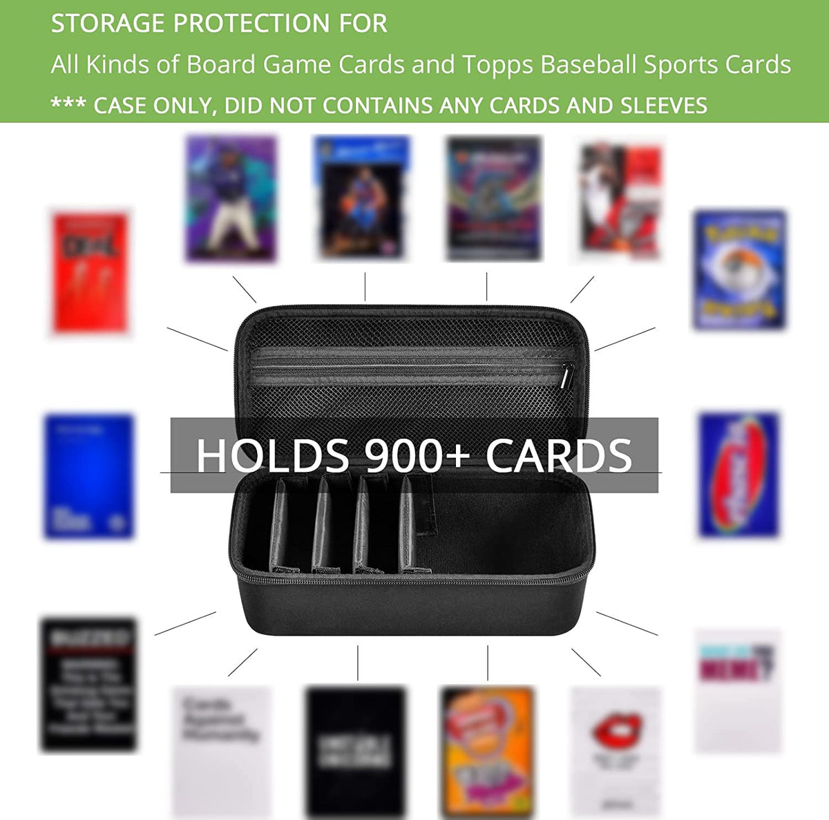 ALKOO Premium 900+ case open view with dividers for organized sleeved cards.