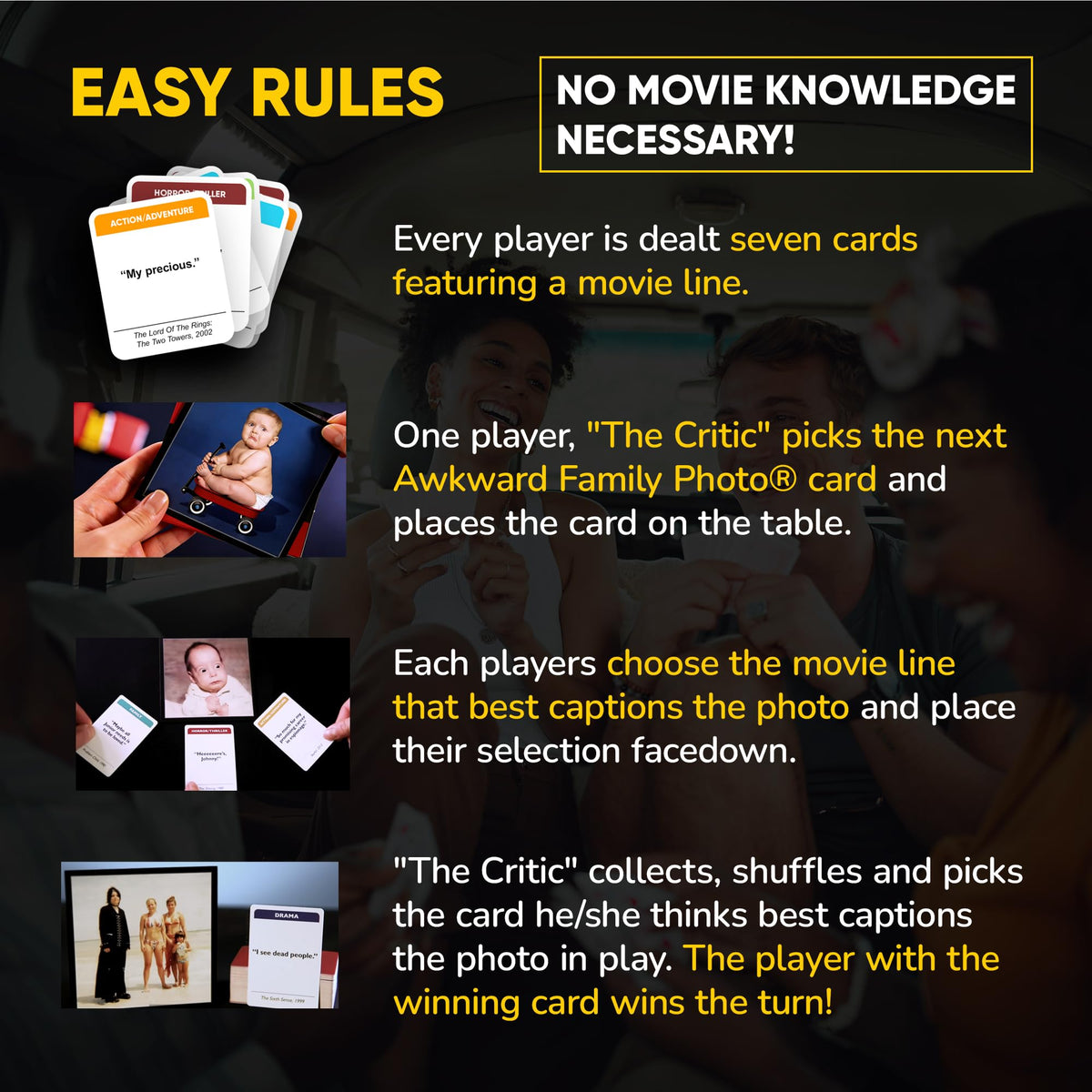 ALL THINGS EQUAL Awkward Family Game Night shows group fun during a relaxed caption challenge.