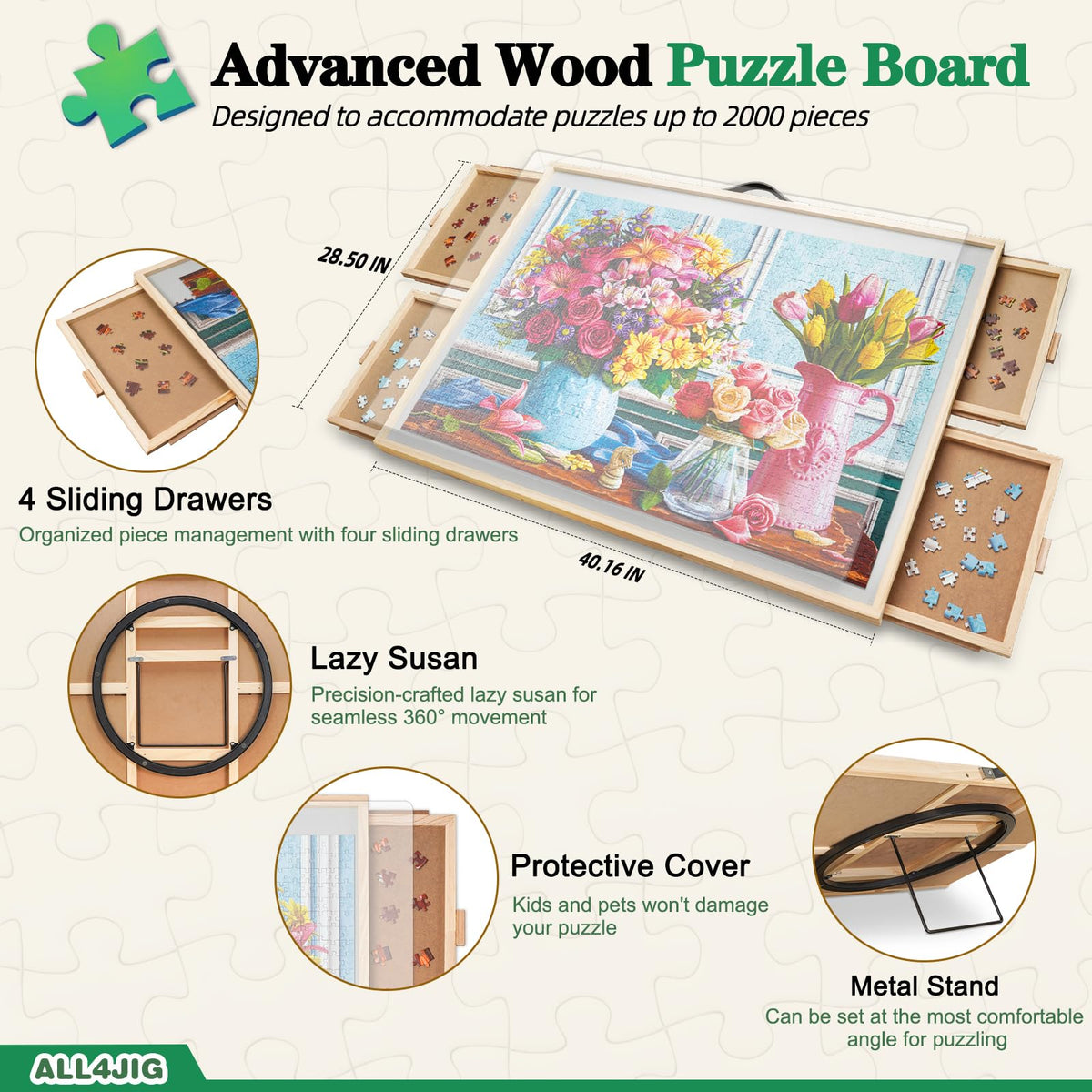 ALL4JIG adjustable angle reduces neck strain during large puzzles.