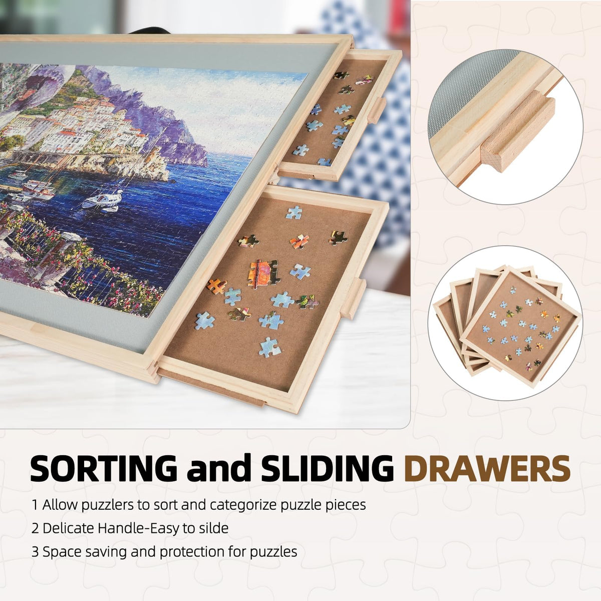 ALL4JIG four-drawer puzzle storage keeps pieces organized during a session.