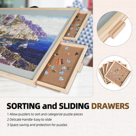 ALL4JIG four-drawer puzzle storage keeps pieces organized during a session.