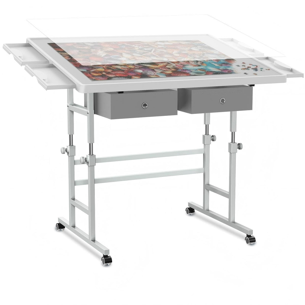 ALL4JIG puzzle table top tilted at 45 degrees for ergonomic puzzling.