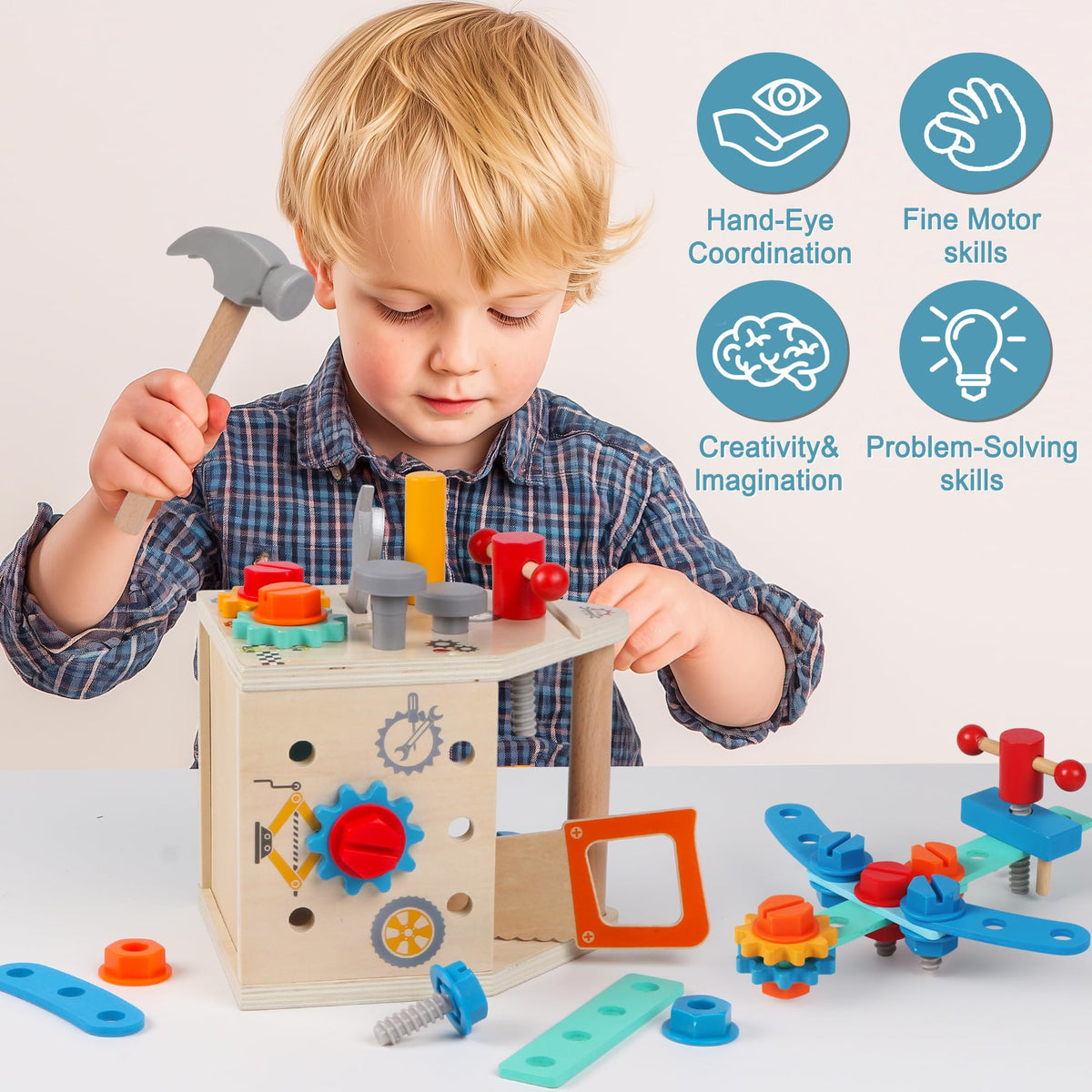 ALLABC Toddler Tool Kit wooden toolbox stores 33 pieces securely for cleanup.