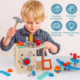 ALLABC Toddler Tool Kit wooden toolbox stores 33 pieces securely for cleanup.