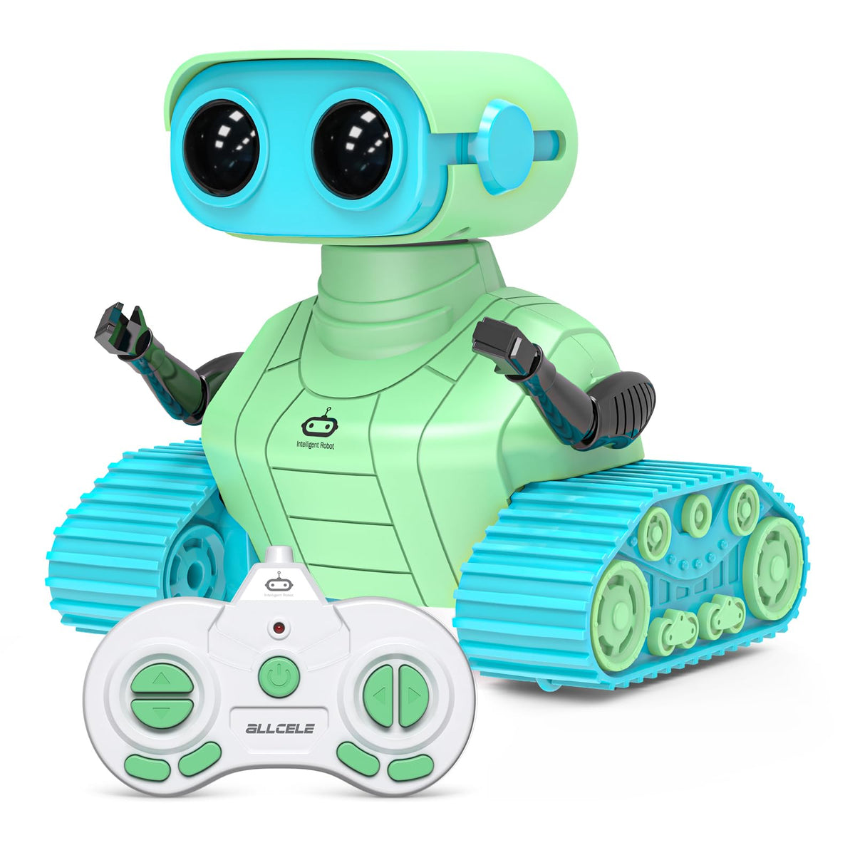 ALLCELE robot toy green blue front view showing compact size for kids to play