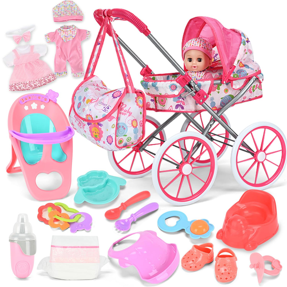 Allroad baby doll stroller set front view with complete playset for imaginative pretend play