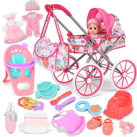 Allroad baby doll stroller set front view with complete playset for imaginative pretend play