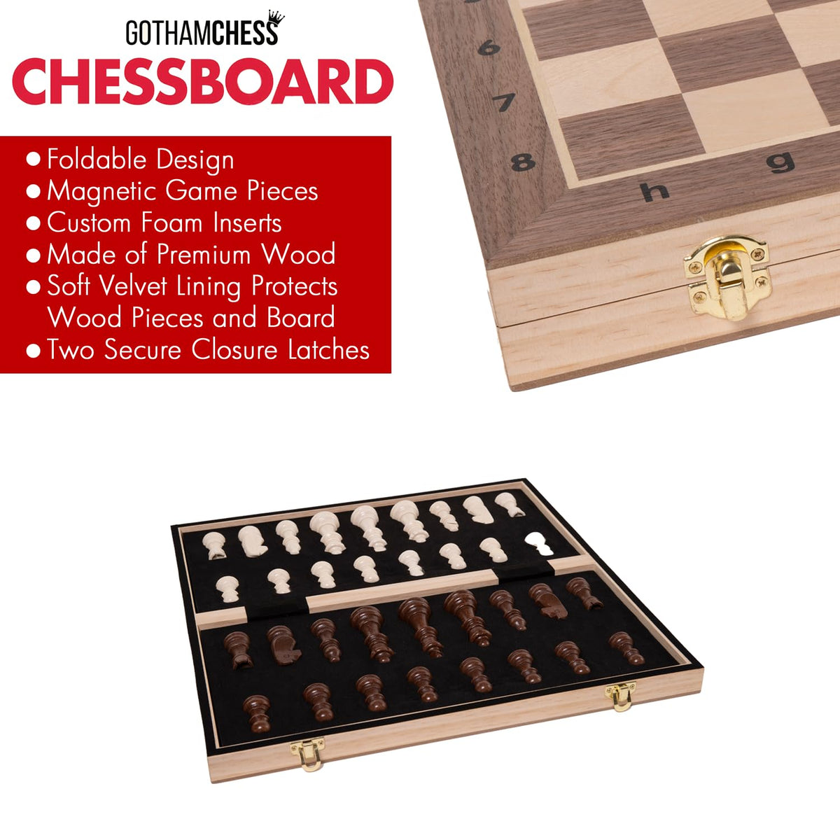 Foldable GothamChess Board with built-in piece storage compartment.